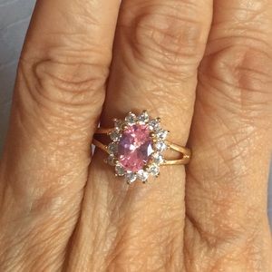 18K GP signed pink Sapphire white Zirconia Wedding Ring